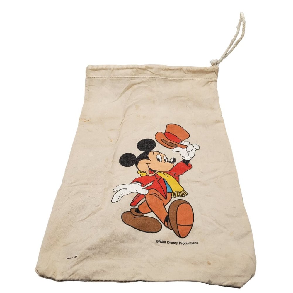Vintage Mickey Mouse Canvas Drawstring Bag Walt Disney Productions